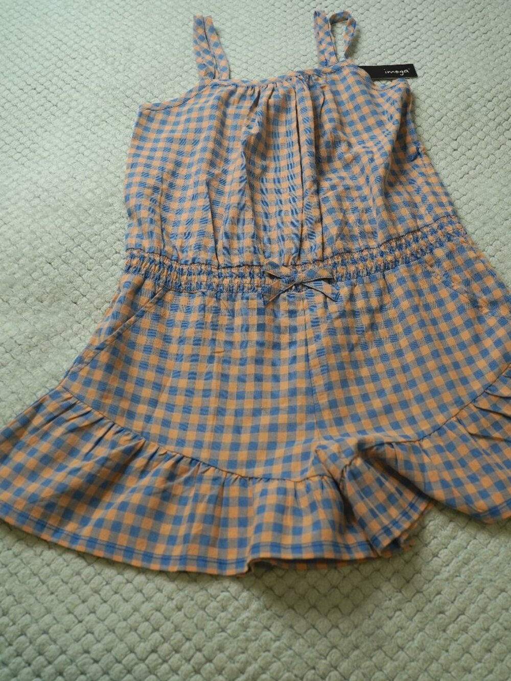 Imoga Sintia Blue & Brown Gingham Check Ruffle Romper Size 12 NWT